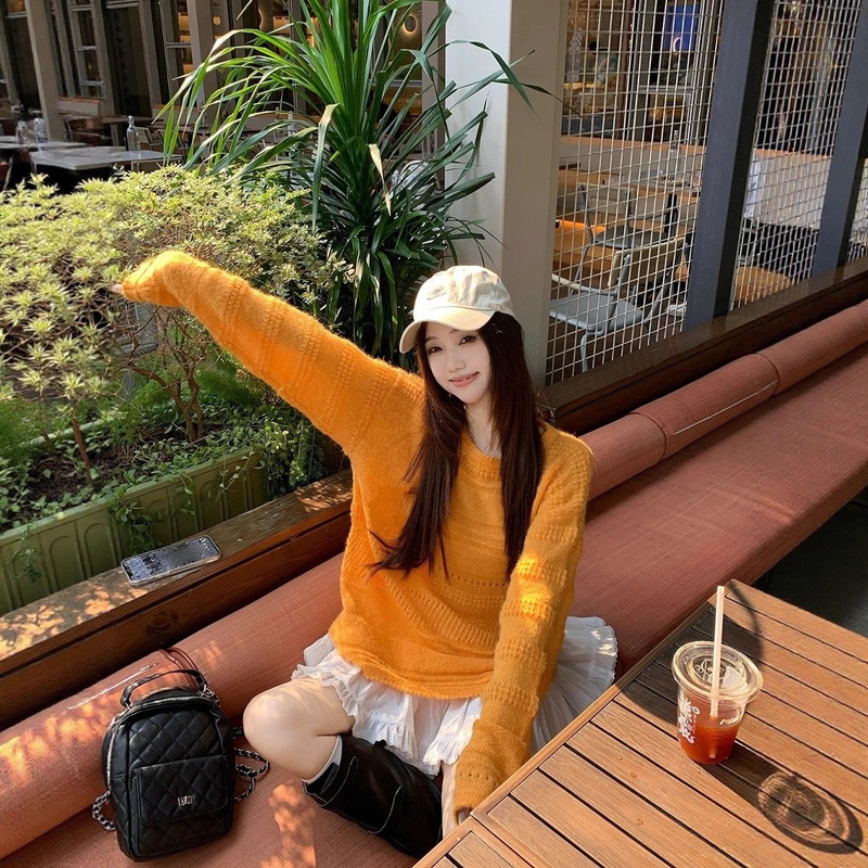 Mohair Hollow-Out Jacquard Crew Neck Knit Sweater for Women, Loose Long-Sleeve Pullover Top, Hollow-Out Knit Top