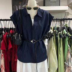藏青正肩领短袖衬衫女夏季设计感收腰显瘦叠穿假两件上衣高级感