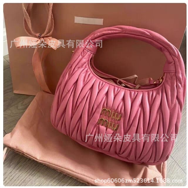 Miu Handbag Underarm Dumpling Bag Hobo Crescent Bag Pleated Crossbody Handbag Genuine Leather Women's Bag