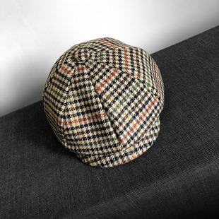 Retro octagonal hat women's all-match Plaid British style tweed octagonal beret autumn and winter artistic simple peaked cap
