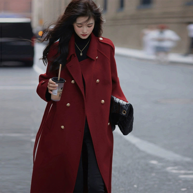 2024 осень и зима новый темперамент новогодний халат ретро шерстяное пальто красный длинный золотой пуговицы шерстяное пальто женский