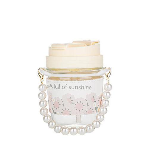 Ins high-end glass straw water cup for four seasons, small fragrance feng shui cup, heat-resistant pearl bracelet, double-drinking cup 