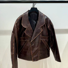 法单小众 2025秋冬做旧机车款油腊皮棕黄宽松西装领中性皮衣25883