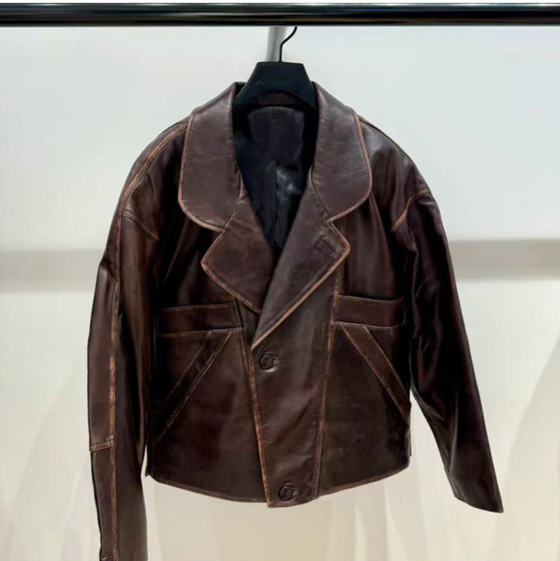 French-Style Niche 2025 Autumn and Winter Vintage Biker-Style Oil Wax Leather Brown Loose Suit Collar Unisex Leather Jacket 25883 French-Style Niche 2025 Autumn and Winter Vintage Biker-Style Oil Wax Leather Brown Loose Suit Collar Unisex Leather Jacket 25883