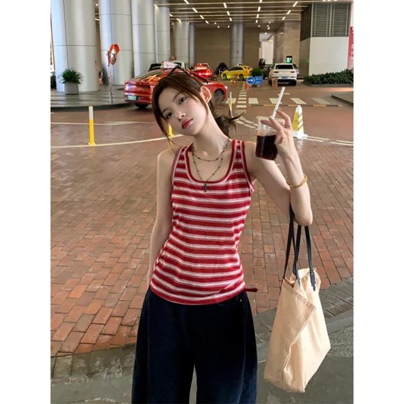 美式辣妹U领无袖露背上衣女夏季挂脖工字撞色条纹吊带收副乳背心|undefined