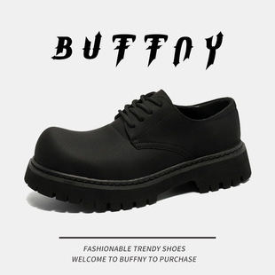 Round toe Derby shoes men's high-grade matte black big toe shoes British thick sole increased retro leather shoes trendy Ruan handsome