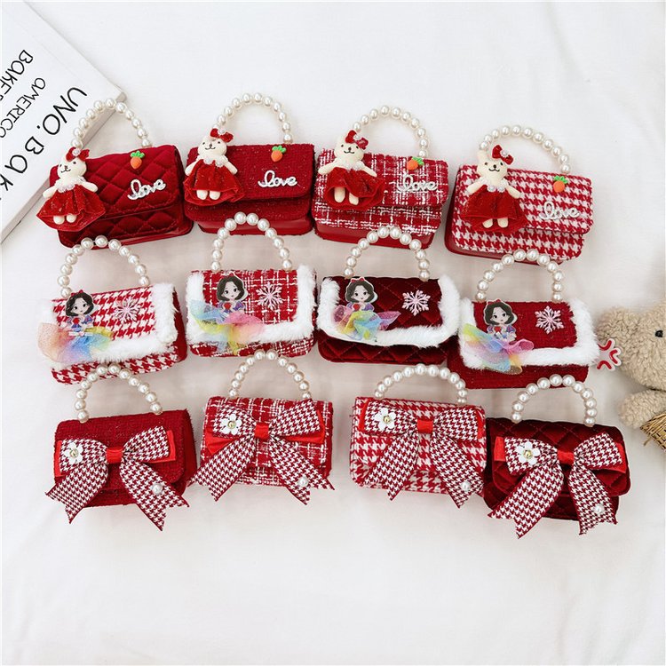Año nuevo rojo Chanel estilo de los niños perla bolso del bebé lindo arco cadena niñas monedero
