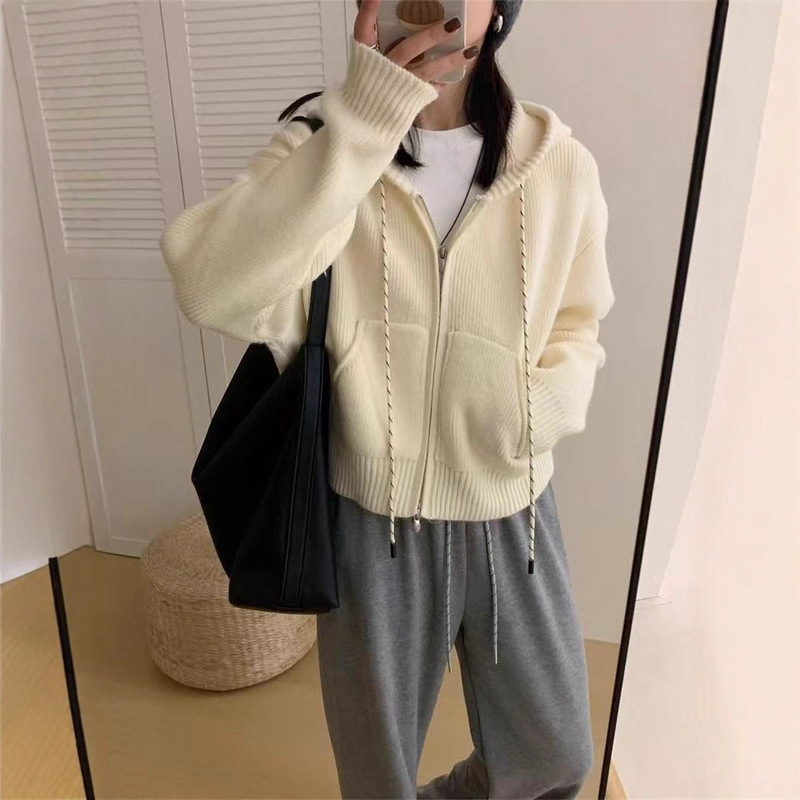 时尚慵懒风连帽针织开衫毛衣女秋冬季新款宽松短款休闲外套上衣|undefined