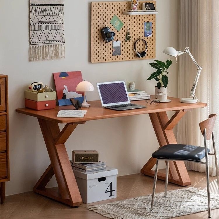 Solid Wood Computer Desk, Natural Wood Color, Double Work Desk, Cherry Wood, Bedroom Home Study Office Desk