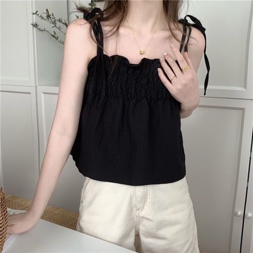 French-style fluffy spaghetti strap outerwear design with pleated tie straps, women's summer loose covering tummy and flesh, plus-size top