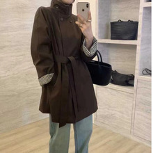 韩国格子拼接立领宽松风衣女2024秋季新款气质休闲中长款外套大衣