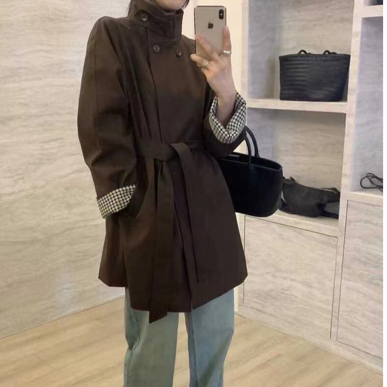 韩国格子拼接立领宽松风衣女2024秋季新款气质休闲中长款外套大衣