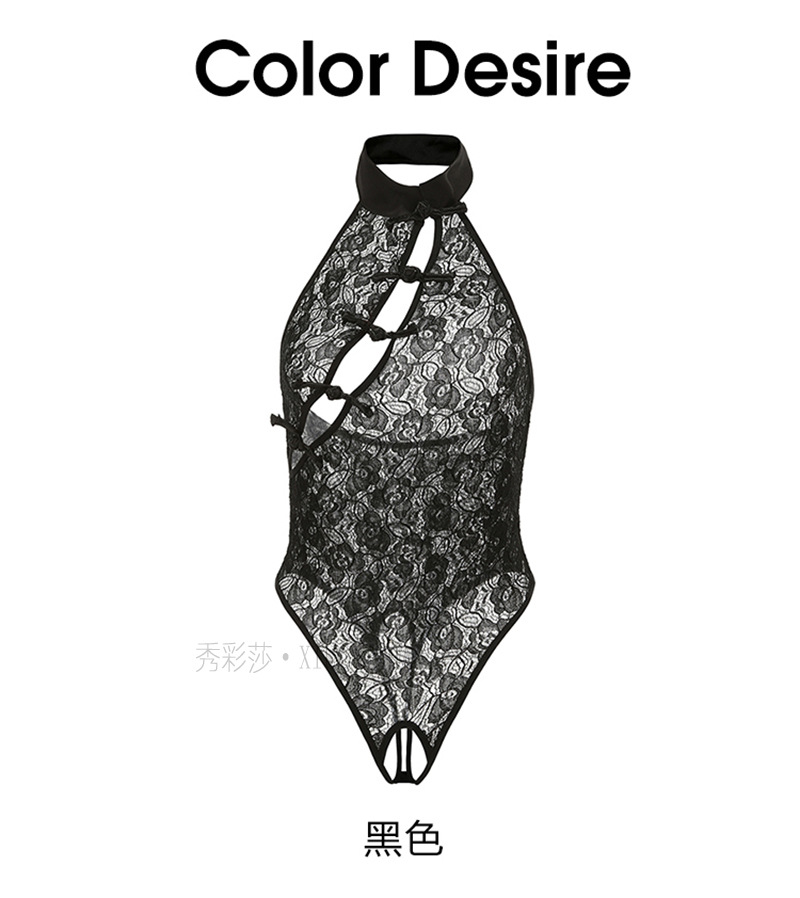 Lace Open-Neck Jumpsuit Lingerie with Matching Stockings, One Size — detail image 7