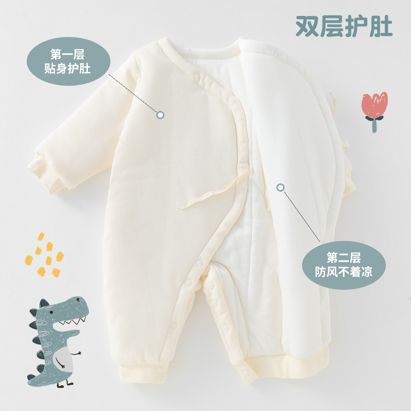 2024 ropa de otoño e invierno para bebés, dinosaurio de dibujos animados, acolchado de tres capas para bebés masculinos, una especie de chaqueta de algodón para recién nacidos