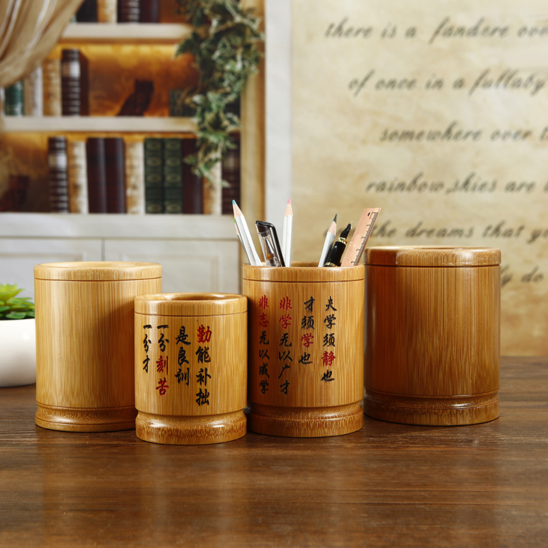 대나무 펜 홀더 고등학교 초등학교 유치원 영감 선물 데스크탑 보관 사무실 용품 조각 라운드 펜 배럴