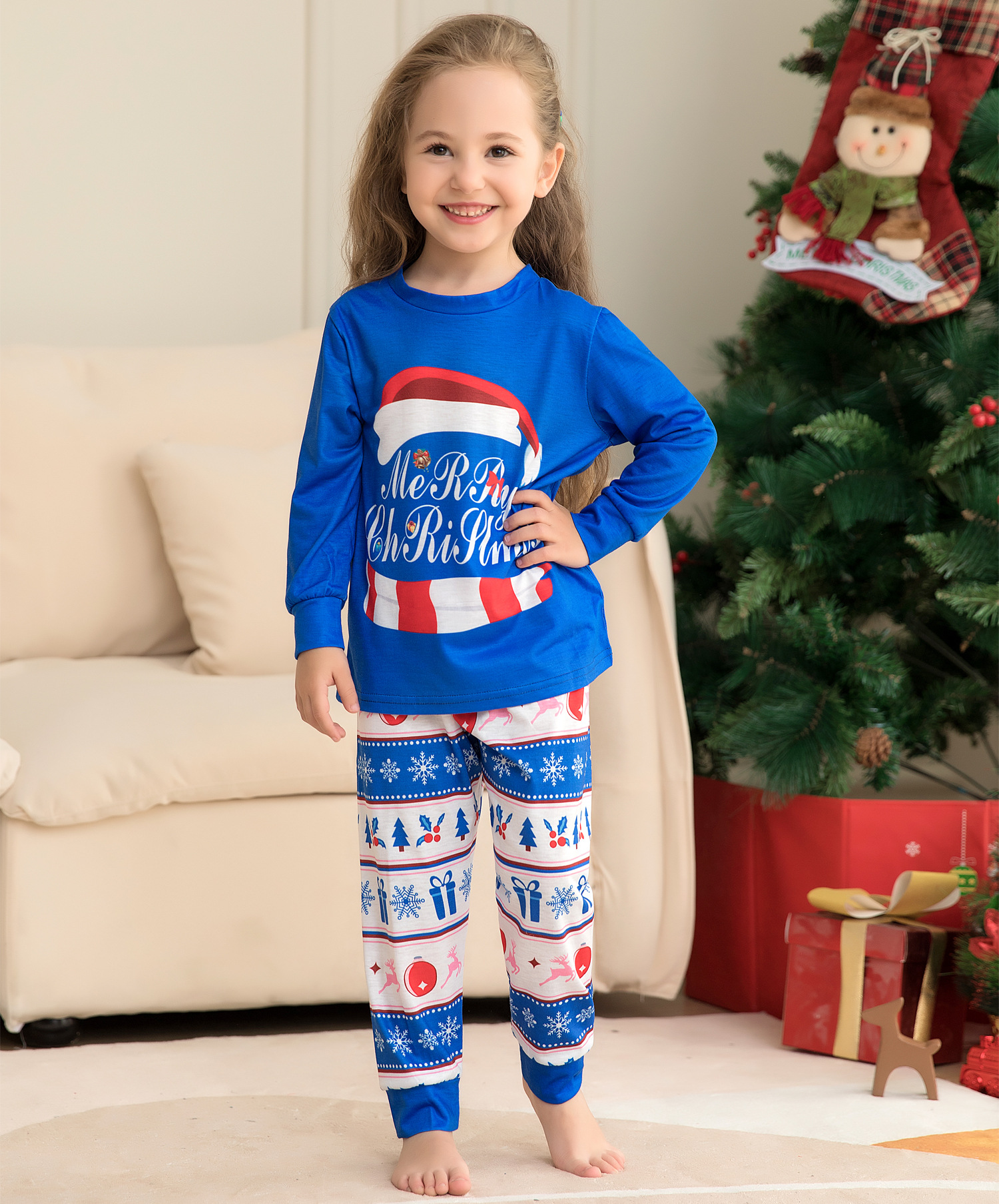 Christmas Striped letter-print home suit pajamas suit Santa hat family suit_voghion.com