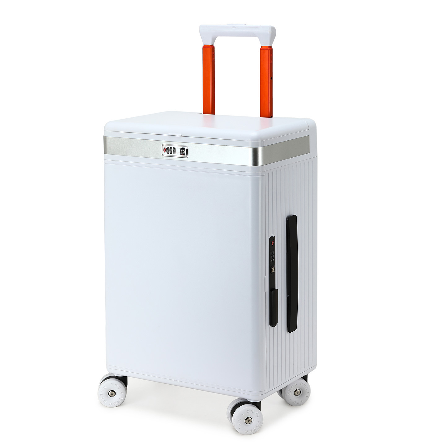 Vali trang điểm có gương mở bên hông, ngăn sâu, sạc USB, đèn led điều chỉnh độ sáng, kèm giá đỡ cốc và điện thoại — Đêm cực đen + tay cầm đen + bánh xe đen