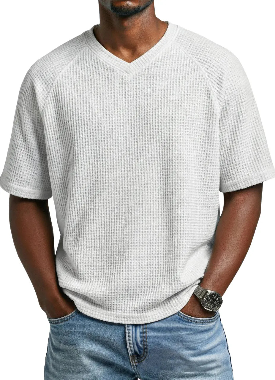 2026 Europa y América primavera y verano estación independiente transfronteriza hombre moda waffle de punto mangas de hombro de cuello en V camiseta de hombre de mangas cortas