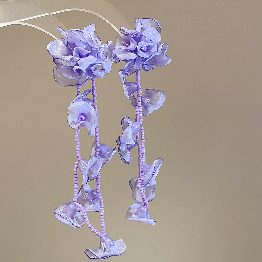 Pendientes de borla de flores de gasa de aguja de plata Pendientes de dopamina de bosque dulce Pendientes de todo fósforo de tendencia de nicho Mujeres al por mayor