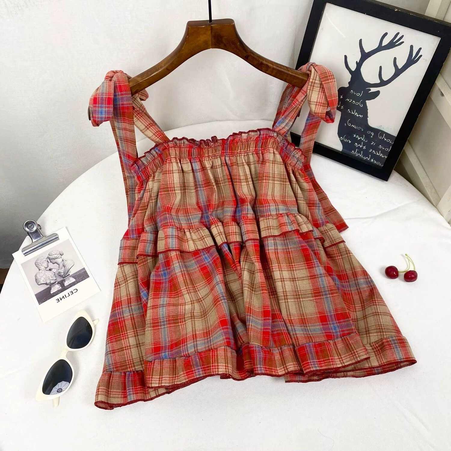 Сладкая девушка носит летнюю новую иностранную вычитаюхую подтяжку жилет женский корейский свободный клетчатый топ