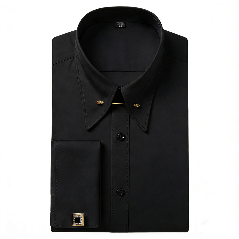 In-Stock Empire Collar Men's Business Shirts, Black and White Solid Color French Cuff Shirts, Shirt Collar Pins, Large Pointed Collar Formal Wear Wholesale In-Stock Empire Collar Men's Business Shirts, Black and White Solid Color French Cuff Shirts, Shirt Collar Pins, Large Pointed Collar Formal Wear Wholesale