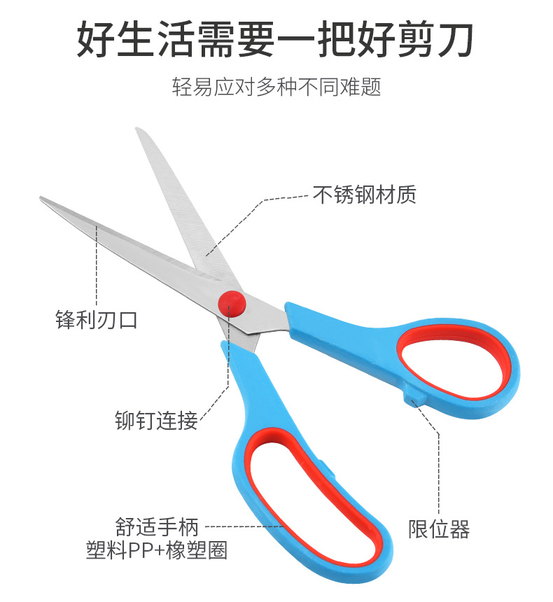 现货不锈钢民用剪家用百货剪纸办公文具剪线头剪双色橡塑多用剪详情13