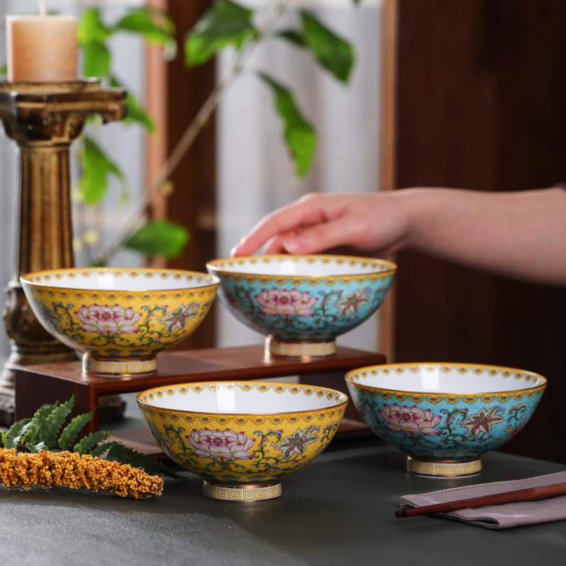 饭碗珐琅彩蓝黄碗礼品碗景德镇陶瓷4.5英寸古典元素