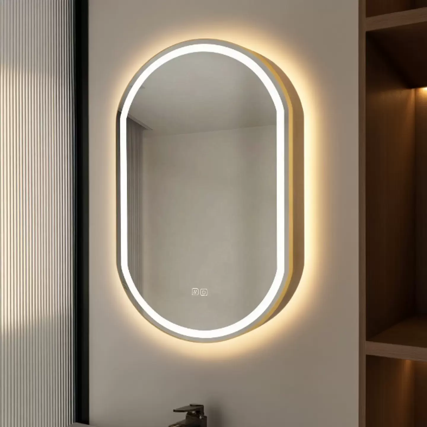 现代智能浴室镜柜椭圆形储物发光二极管照明浴室镜子带防雾定制