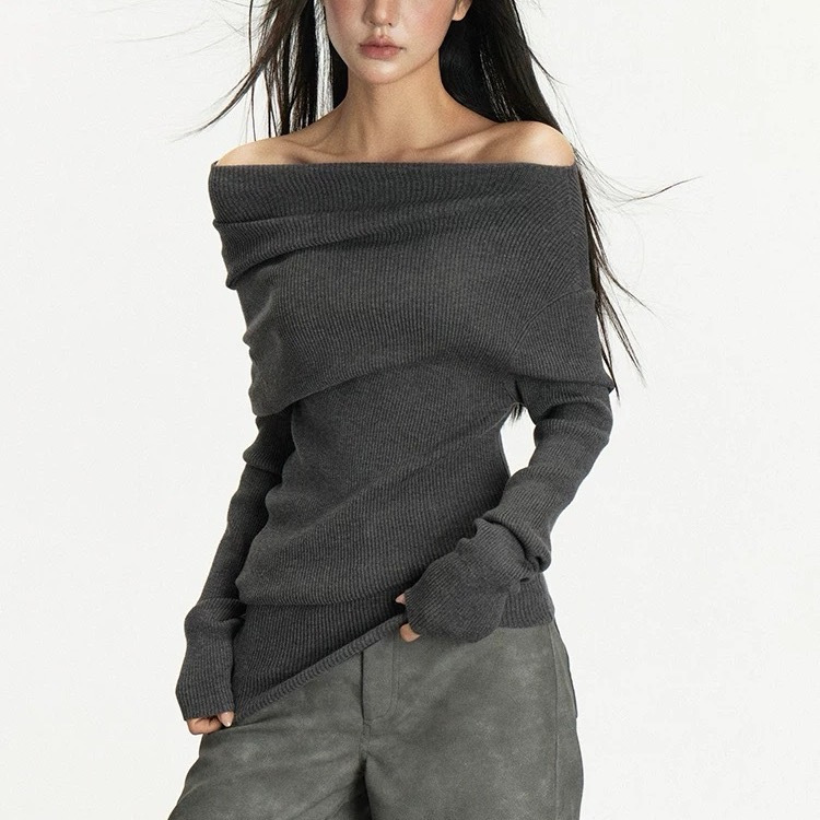 Anna anea dark gray long-sleeved sweater women's spring slim-fit design off-shoulder base turtleneck sweater