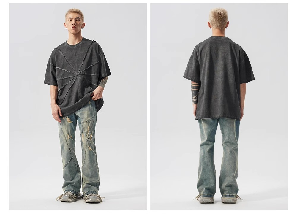 American Old Worn Jeans Men's Loose And Slightly High Street Line Design Style Pants_mkmklike.com