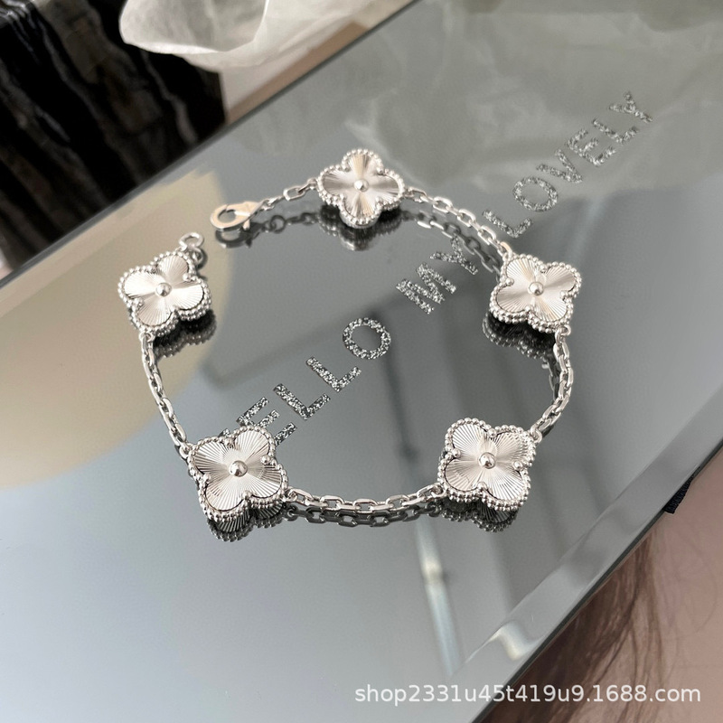 High-End Version Pure Silver Four-Leaf Clover Laser-Plated White Gold Five-Flower Bracelet for Women, V-Gold Fashion Light Luxury Jewelry 925 Silver Bracelet