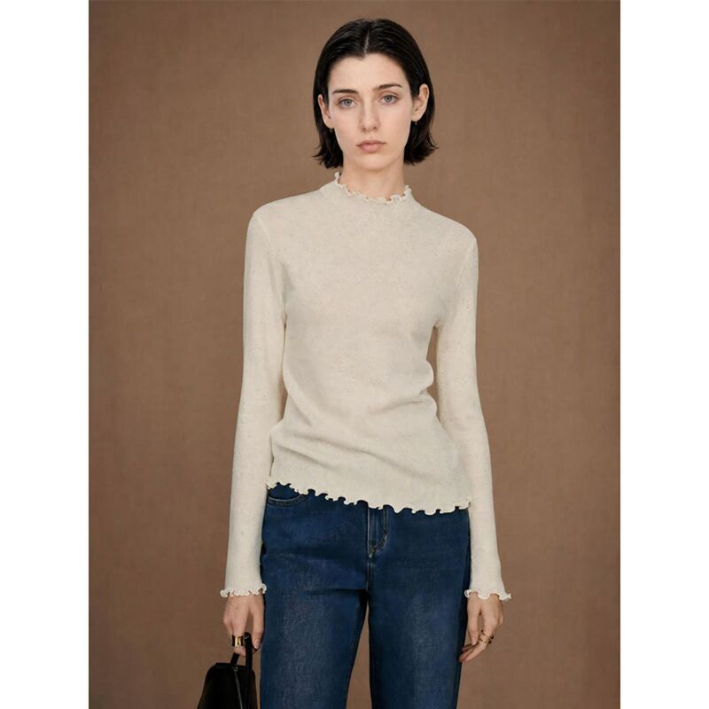 Luko ▪ Colorful yarn, ruffled trim, wool sweater, long-sleeved base layer, versatile, slim-fit, and figure-flattering knit top for women Luko ▪ Colorful yarn, ruffled trim, wool sweater, long-sleeved base layer, versatile, slim-fit, and figure-flattering knit top for women