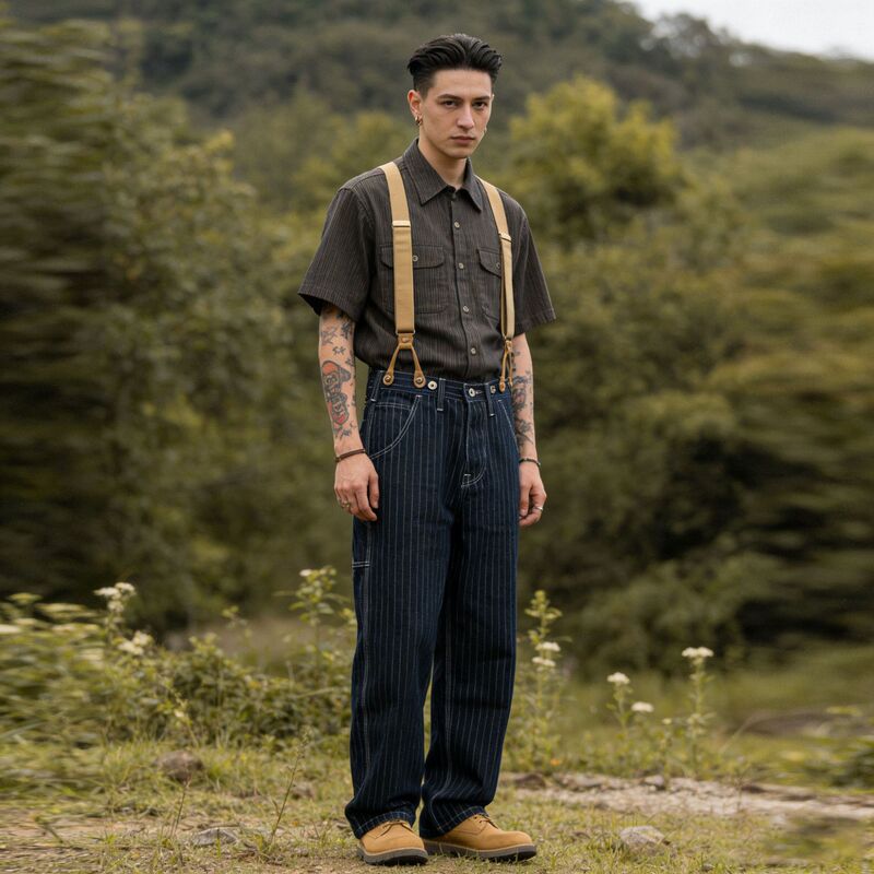 New Men's Wide Leg Striped Jeans Loose Railway Crane Pants