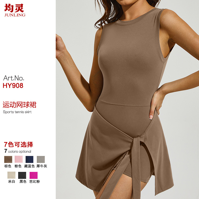 Cross-Border Anti-Exposure Breathable One-Piece Tennis Dress Solid Color Beautiful Back Fitness Set Slimming Sports Jumpsuit Set for Women Cross-Border Anti-Exposure Breathable One-Piece Tennis Dress Solid Color Beautiful Back Fitness Set Slimming Sports Jumpsuit Set for Women