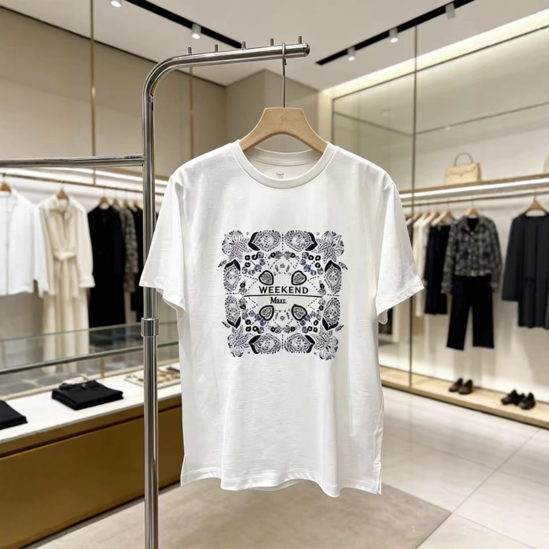 Max Summer 26 New Embroidered Print Casual Versatile Short Sleeve Women's Round Neck Loose Stylish Versatile Half Sleeve T-Shirt