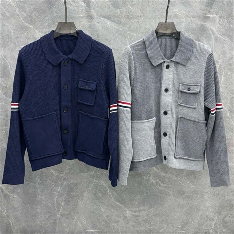 Tb Loose Casual Thick Knit Sweater Jacket Autumn and Winter Turn-Down Collar Single-Breasted Jacket Red White Blue Webbing Heavy-Duty Same Style