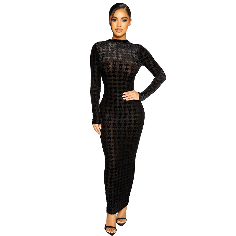 Long Sleeve Backless Round Neck Slim Houndstooth Print Dress NSKKB114288