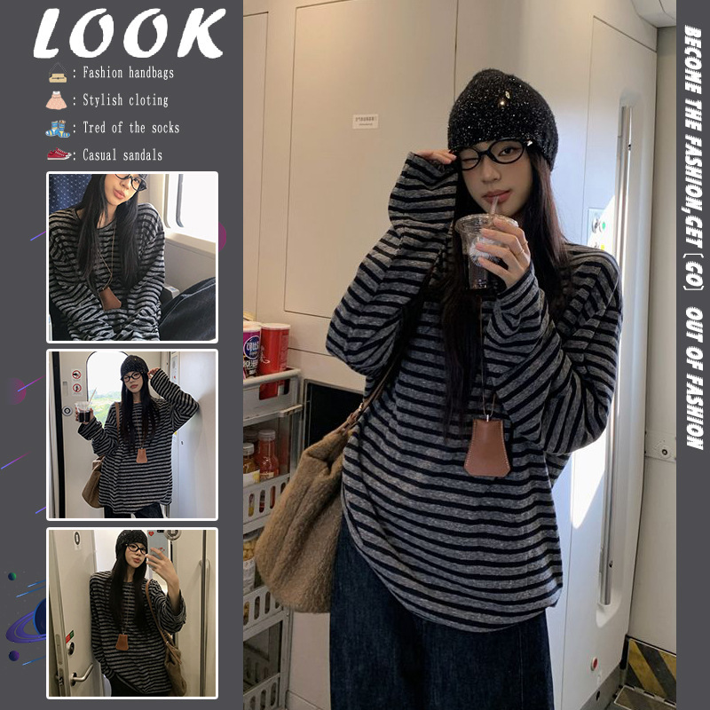 美式复古条纹长袖t恤女早秋季2025新款oversize松弛感慵懒风上衣|undefined