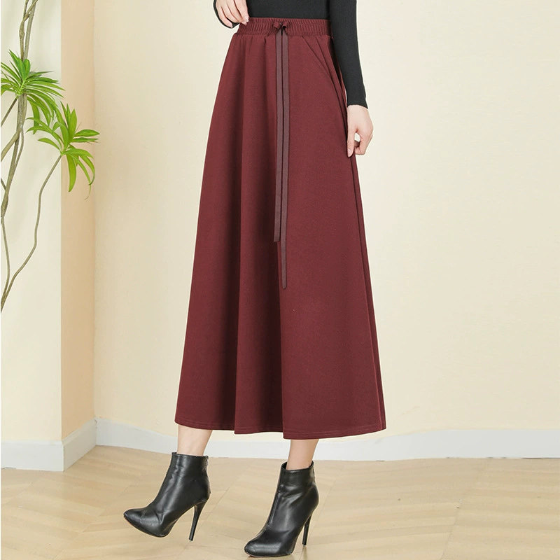 2025 весна новый элегантный стиль большая расклешенная юбка из искусственного шерсти для мам средней длины с высокой талией узкая юбка