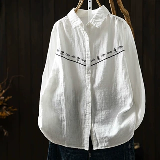 秋季新品 日系文艺复古翻领刺绣宽松百搭减龄长袖衬衫女休闲衬衣