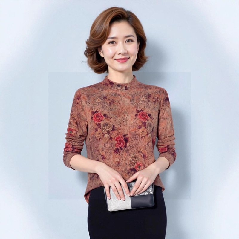 秋冬半高领上衣长袖洋气妈妈印花打底衫宽松中厚保暖内搭修身气质|undefined
