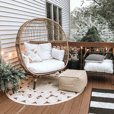 Balcony bistro set, outdoor hanging basket bed, sofa bed, freestanding single-person rattan chair, and casual courtyard rattan lounge chair for relaxed lounging.