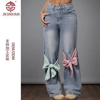 蝴蝶结设计感高腰阔腿牛仔裤女2025年秋冬季新款复古宽松直筒裤子