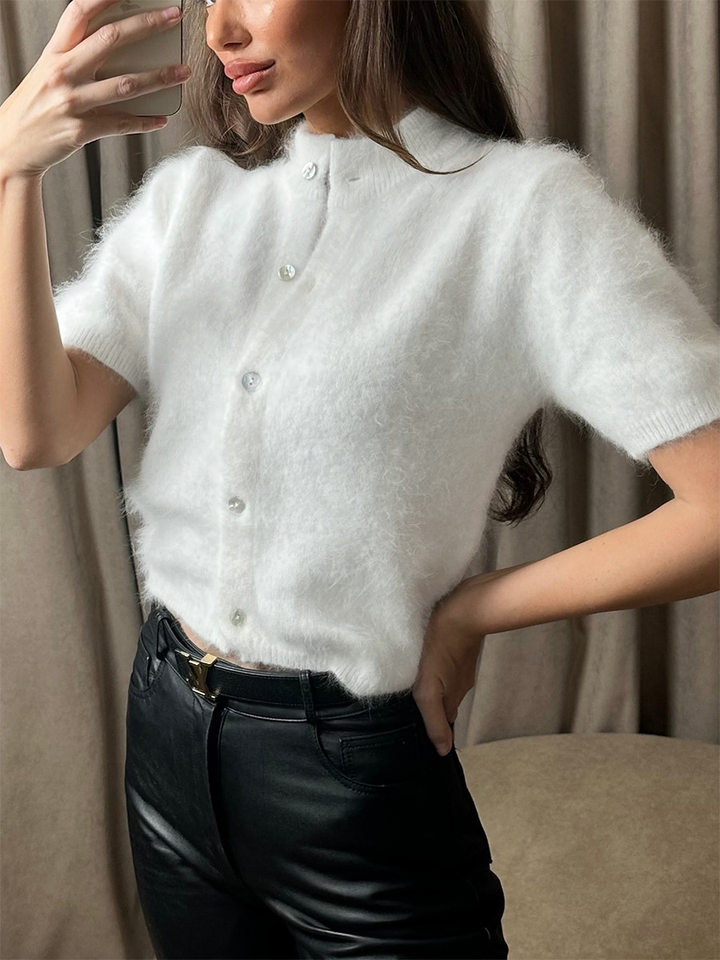 Áo cardigan dệt kim tay ngắn cổ bán cao ôm dáng phong cách retro — Màu hồng, Màu hồng cánh sen, Màu trắng, Màu tím