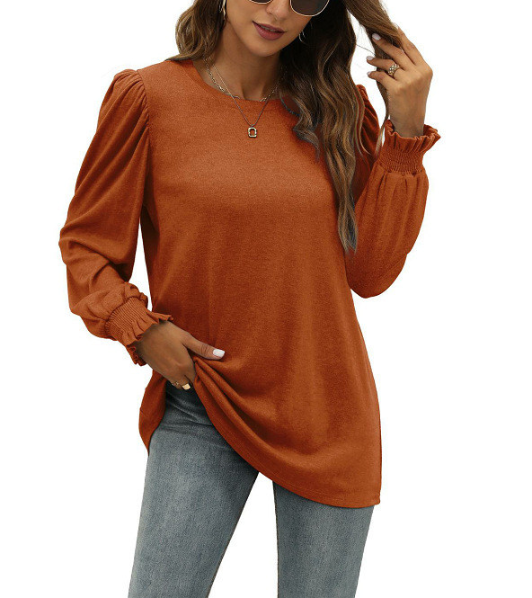 All in STock 2022 AuTumn and WinTer New Round Neck Puff Sleeve Long T-shirT Amazon HoT Selling Women's Tops