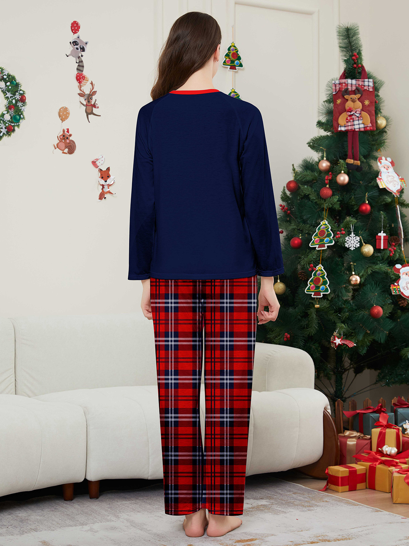 Chapeau de Père Noël alphabet lumineux avec vêtements de famille de Noël imprimés vêtements de maison pyjamas_voghion.com