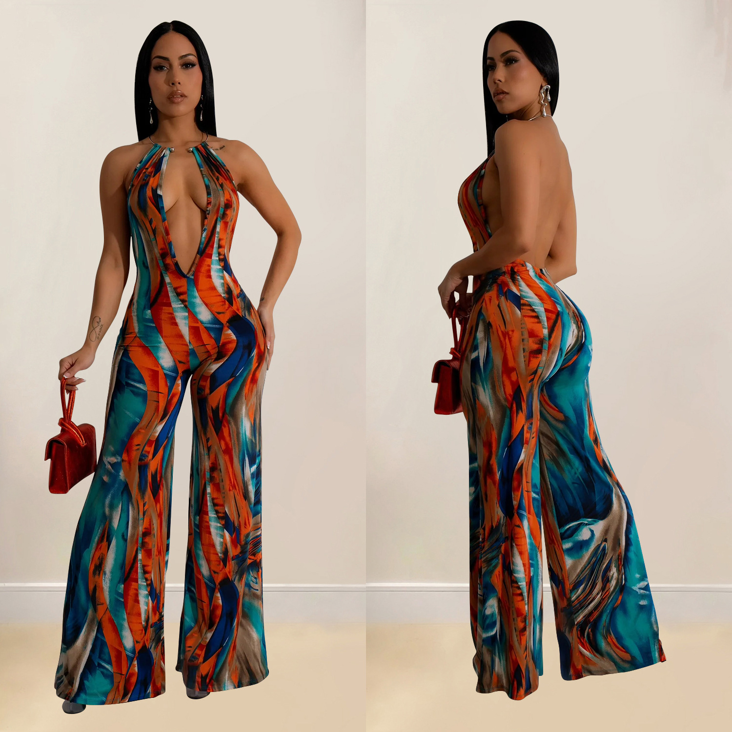 C6930 Aliexpress transfronterizo Amazon Europa y América de moda impresión de ropa de mujer sin mangas profunda V color combinación de pantalones largos image 3