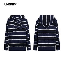 UNBDNS美式复古马海毛条纹毛衣女秋季可拆卸连帽慵懒氛围感上衣潮