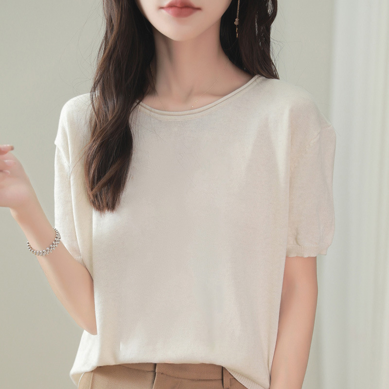 Curl Crewneck Knitted Short-sleeved Women's Pullover Thin Sweater Summer Classic All-match Short-sleeved Sweater Large Edition free size Curl Crewneck Knitted Short-sleeved Women's Pullover Thin Sweater Summer Classic All-match Short-sleeved Sweater Large Edition free size