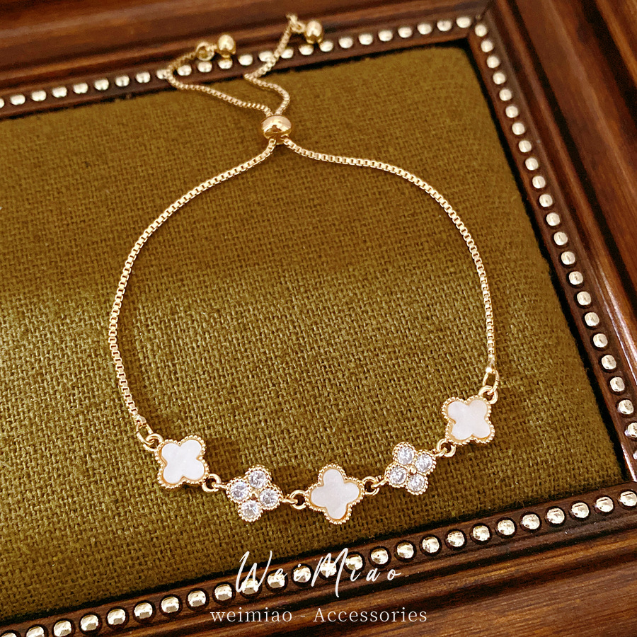 14 quilates de oro verdadero electronite de piedra de hierba de la suerte pulsera de flores ligera pulsera de nicho de lujo sensación de alto nivel simple joyería versátil image 4